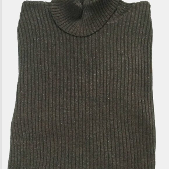 Tahari Women Size P Turtleneck Sweater Dark Brown Sparkle Ribbed Knit 97% Silk - Picture 6 of 11